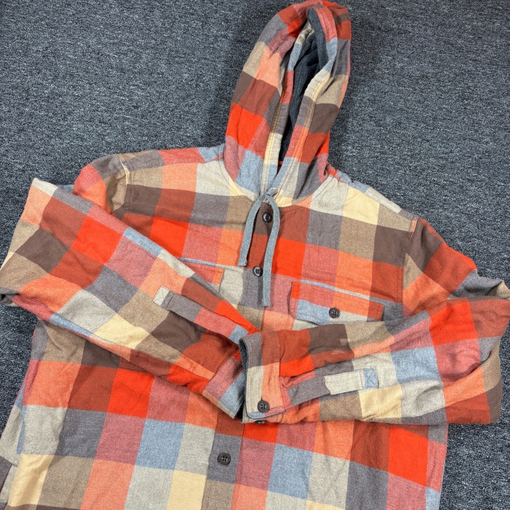 LL Bean Hooded Flannel Shirt Jacket Mens L Orange Plaid Lined Traditional Fit